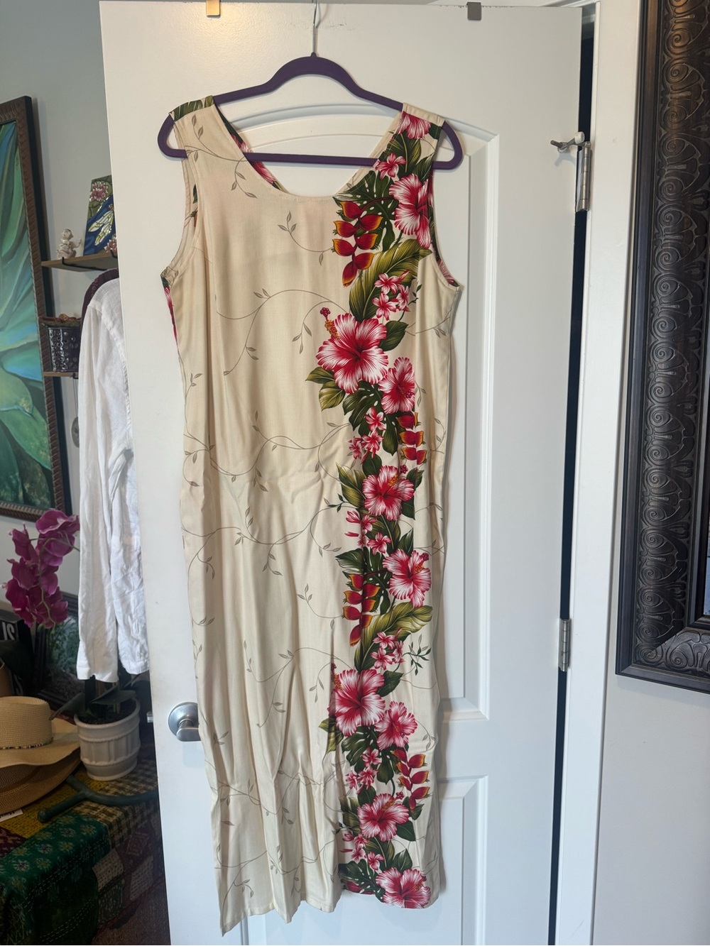 Sleeveless Cream Floral Maxi Dress with Pink Hibiscus Print Jade Fashions